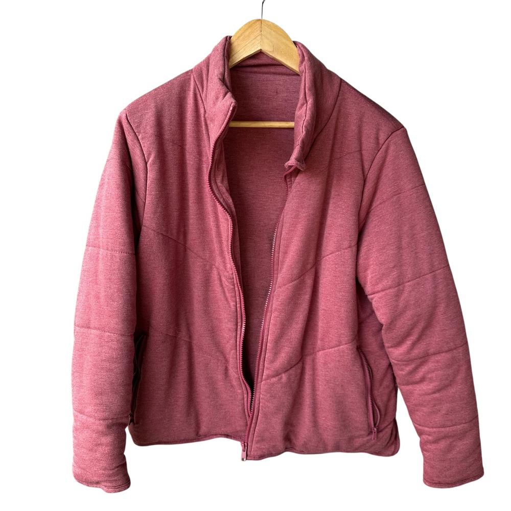 Three Dots Quilted Puffer Jacket Mauve Pink Full Zip Pockets Knit Preppy Outdoor